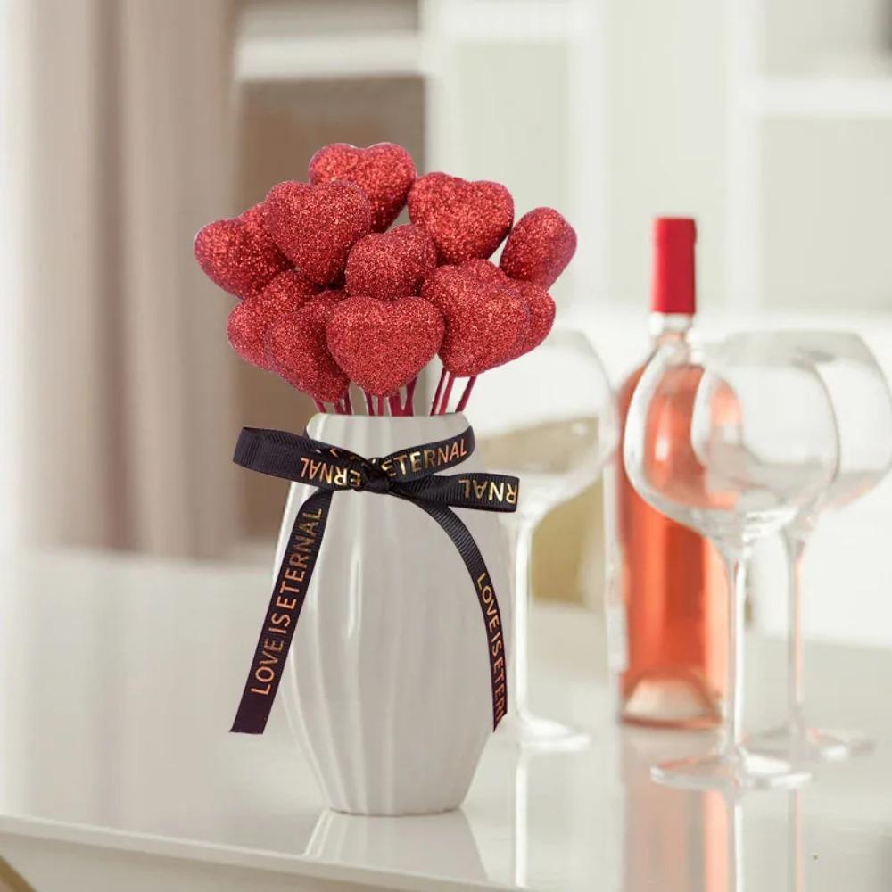 10pcs Red Pink Heart Cake Toppers Love Vase Picks Decor  Wedding Flower Bouquet