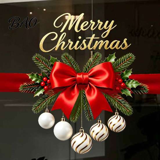Festive Ribbon Bow Stickers Gold Merry Christmas Window Clings, Decorative PVC Decals for Holiday Bows Windows Home Glass Decor, Waterproof Removable