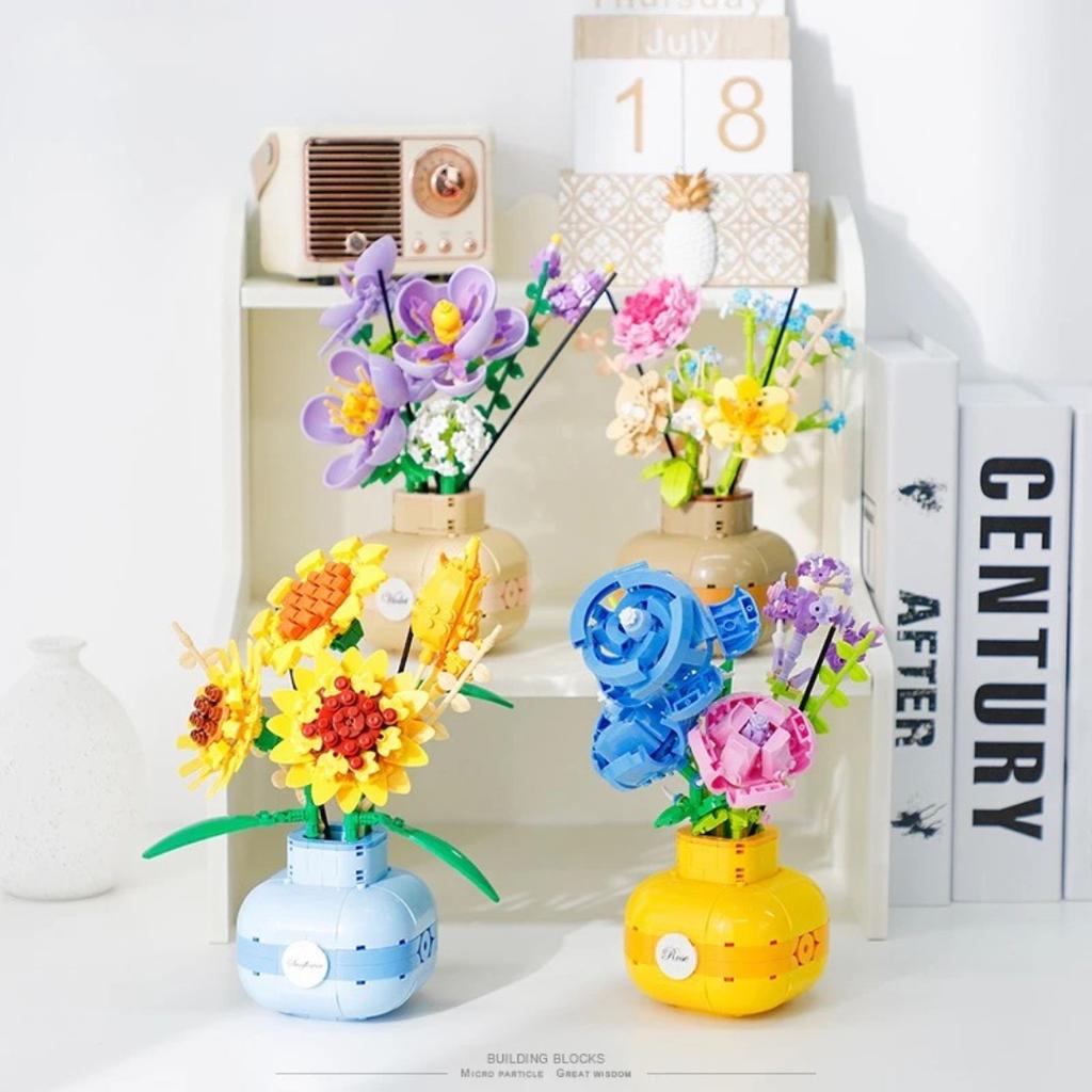 Building Block 3D DIY Eternal Sunflower Bouquet Romantic Rose Plant Potted Decoration Bricks Valentine's Day Girls Friends Gifts