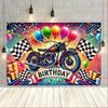 2D Biker Happy Birthday Backdrop - Motorcycle Party Photo Booth Background