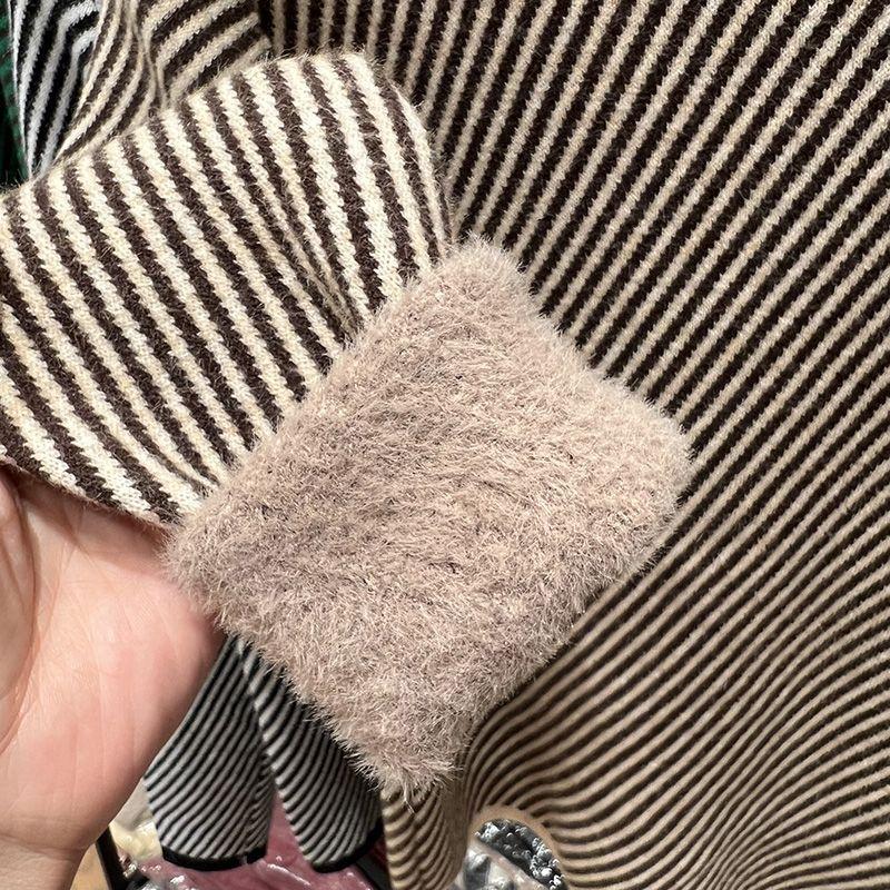 Бархатный полосатый свитер с полувысоким воротом и добавлением бархата. Женская высококачественная базовая рубашка на осень и зиму. Толстый вязаный свитер.