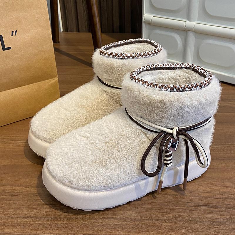 Женские домашние тапочки из искусственного меха, удобные повседневные зимние ботинки без застежек, теплые зимние ботинки на толстой платформе с меховой подкладкой для женщин