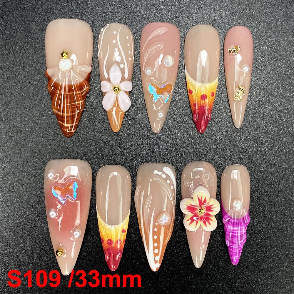 Glossy Hand Paint Thickness Acrylic Handmade Nail Sets 10PCS Multicolor Luxurious Gorgeous UV Gel Carved Artificial Manicure Art