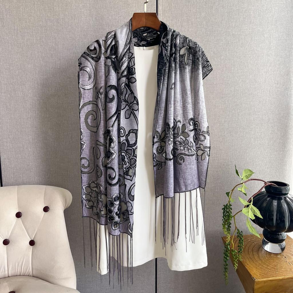 Этнический стиль кружевной шелковый шарф женский тренд мода бахрома вышивка тренд тонкий шарф шаль