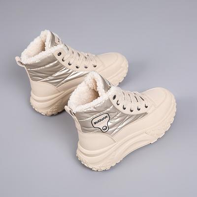 Высокие зимние ботинки на толстой подошве с флисовой подкладкой, нескользящие хлопковые туфли, увеличивающие рост кроссовки для женщин