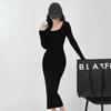 Temperament elegant style knitted dress autumn and winter U-neck long-sleeved slim-fitting long knee-bottom sweater skirt women