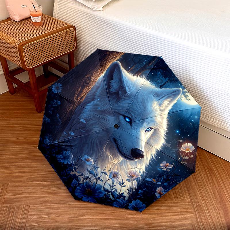 1 шт. Автоматический складной зонт - Волк в лунном узоре, Портативный и складной дизайн с 8 спицами, Рождественские и Новогодние подарки