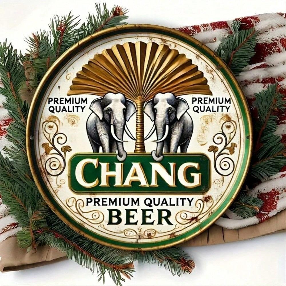 Металлическая жестяная табличка Chang Beer со слоном, круглая, 8x8 дюймов, алюминиевый настенный декор для дома, бара, гаража, мужской комнаты