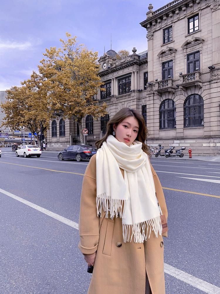 Кашемировый шерстяной шарф - Толстый, однотонный, унисекс, универсальный, в корейском стиле для осени/зимы.