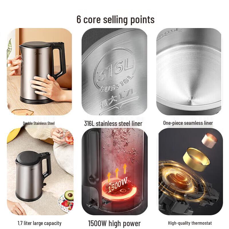 Midea Double-Layer Stainless Steel Electric Kettle 1.7L CN plug (adapter included)