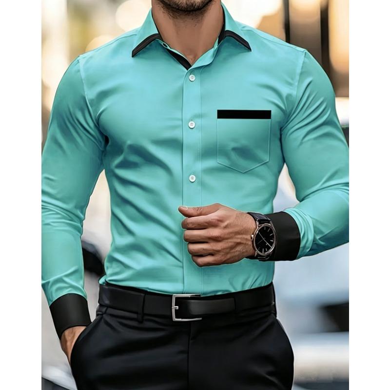 Мужская рубашка business casual с контрастным воротником, эластичная, облегающая, с длинным рукавом, не мнущаяся