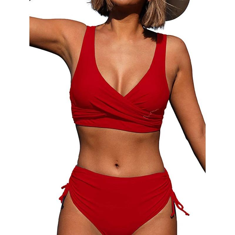 Drawstring High Waist Bikini 2025 Women Solid Swimwear Female Cross Front Swimsuit Padded Beachwear Bather Bathing Swimming Suit