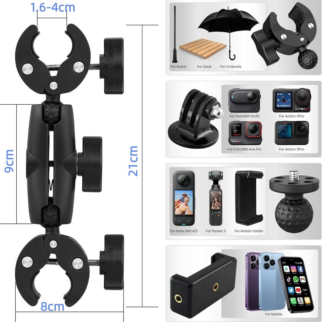 Double Clip Crab Super Clamp Camera Bracket For Dji Action6 5Pro GoPro Insta360 X5 Motorcycle Bicycle Handlebar Mount Accessory