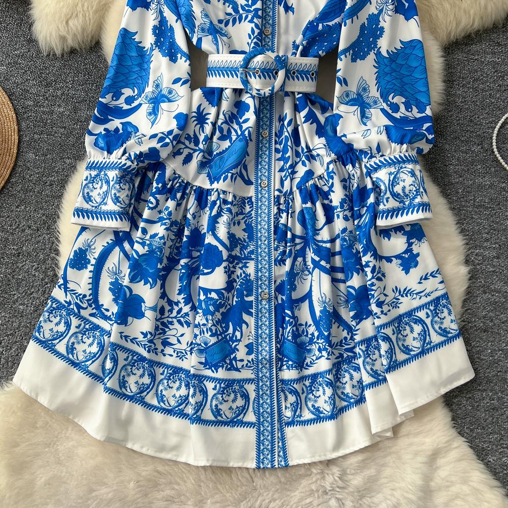 Весна Осень Винтаж Дворцовый Принт Подиумное Платье Женские Длинные Рукава Вечерние Короткие Платья С Поясом