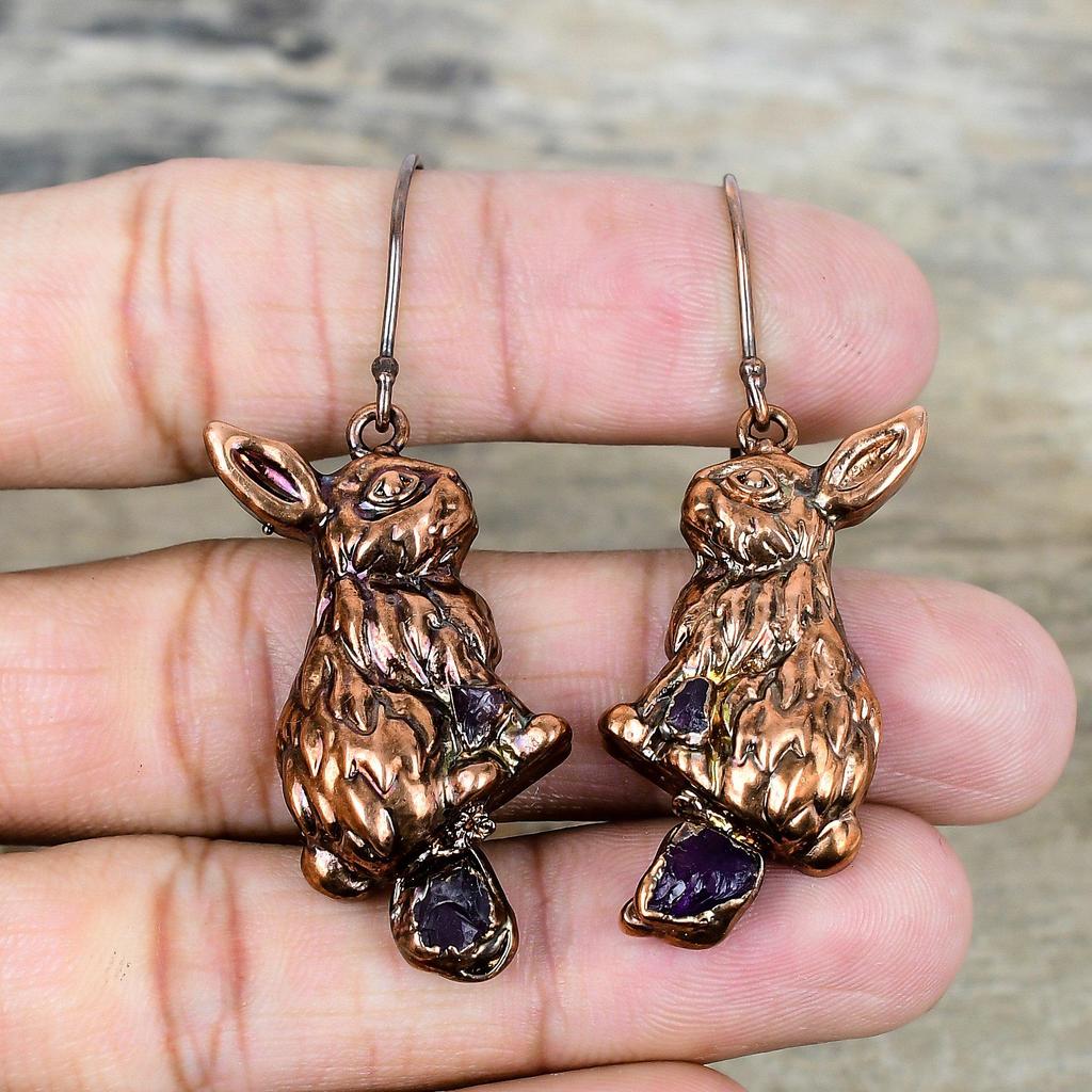 African Amethyst Rough Earring Electroformed Copper Earrings Gemstone Jewelry Rabbit Design Earring Handmade Copper Jewelry Gifts for Mother