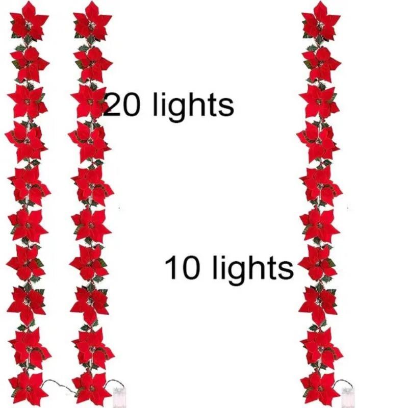 1 шт. 10/20 огней, рождественские цветы, украшения, гирлянды, гирлянды-искусственные украшения, декор для вечеринки в помещении/на открытом воздухе с красными ягодами, листьями падуба
