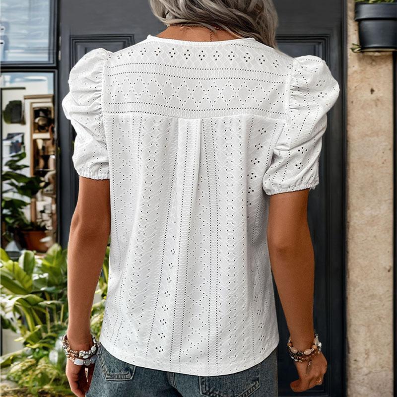 Летняя женская футболка с кружевным вырезом и v-образным вырезом, рубашка с подковообразными рукавами, топ с короткими рукавами
