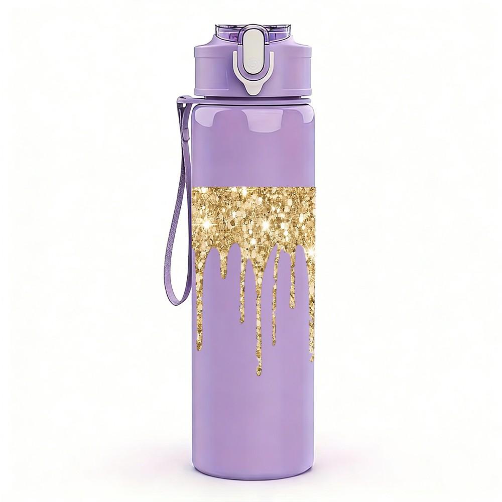 1PC Gold Glitter Drip Texture 750ml Color Plastic Sports Water Bottle Leakproof Flip Straw Lid Suitable for Sports Office Home Use