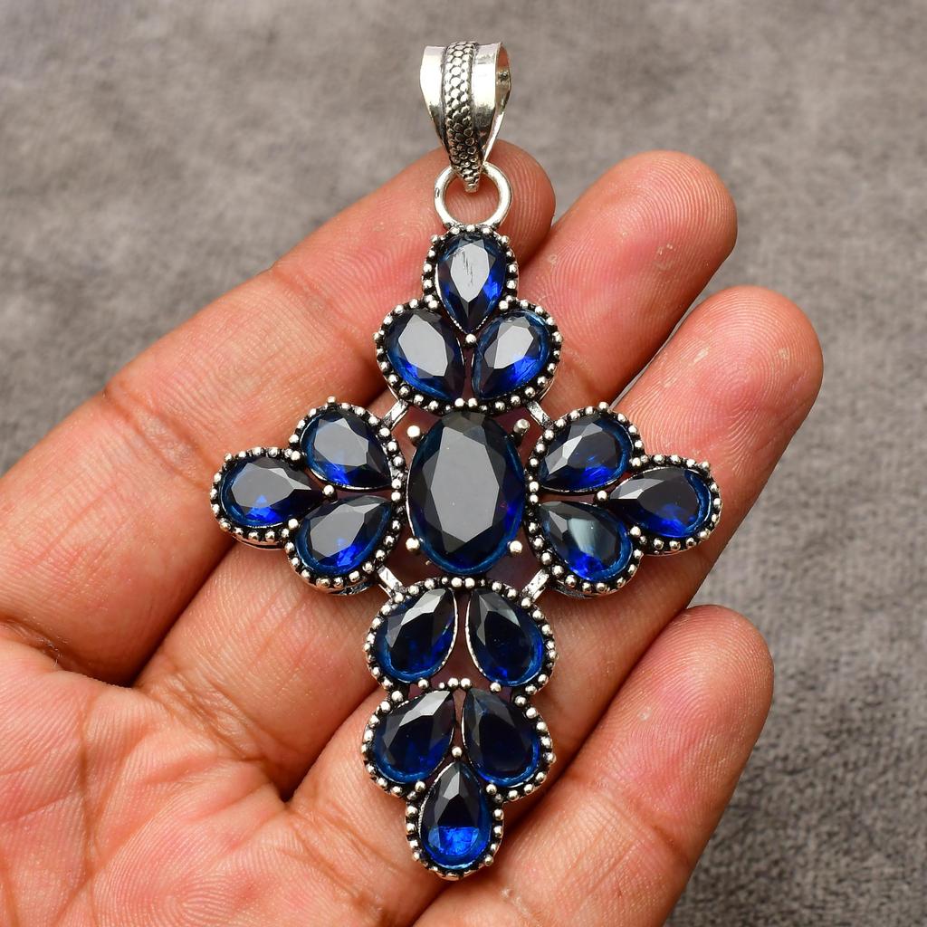 Blue Sapphire Gemstone Cross Shape Pendant : 925 Sterling Silver Handmade Jewelry Pendant