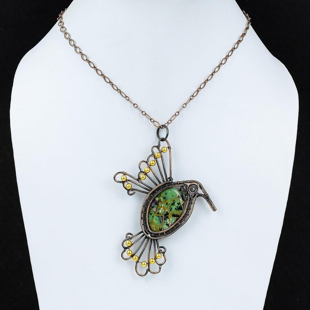 Медный рубиновый кулон с цоизитом, медная проволока, обернутая кулоном, рубиновый цоизит, ювелирное изделие, драгоценный камень, кулон с птицей ручной работы, медные украшения для подарка