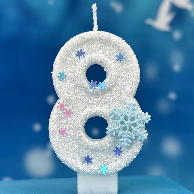 1 шт. Цифра 0-9 с блестками на день рождения, украшение для торта, белые цифровые свечи без Смога, свечи на день рождения, тема снежинки