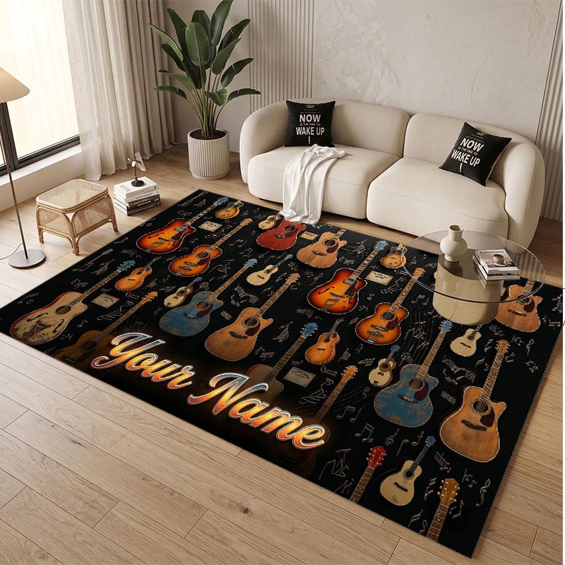 Music Guitar Theme Soft Crystal Velvet Rug Custom Name & Text Print Non Slip Floor Rug for Bedroom Living Room
