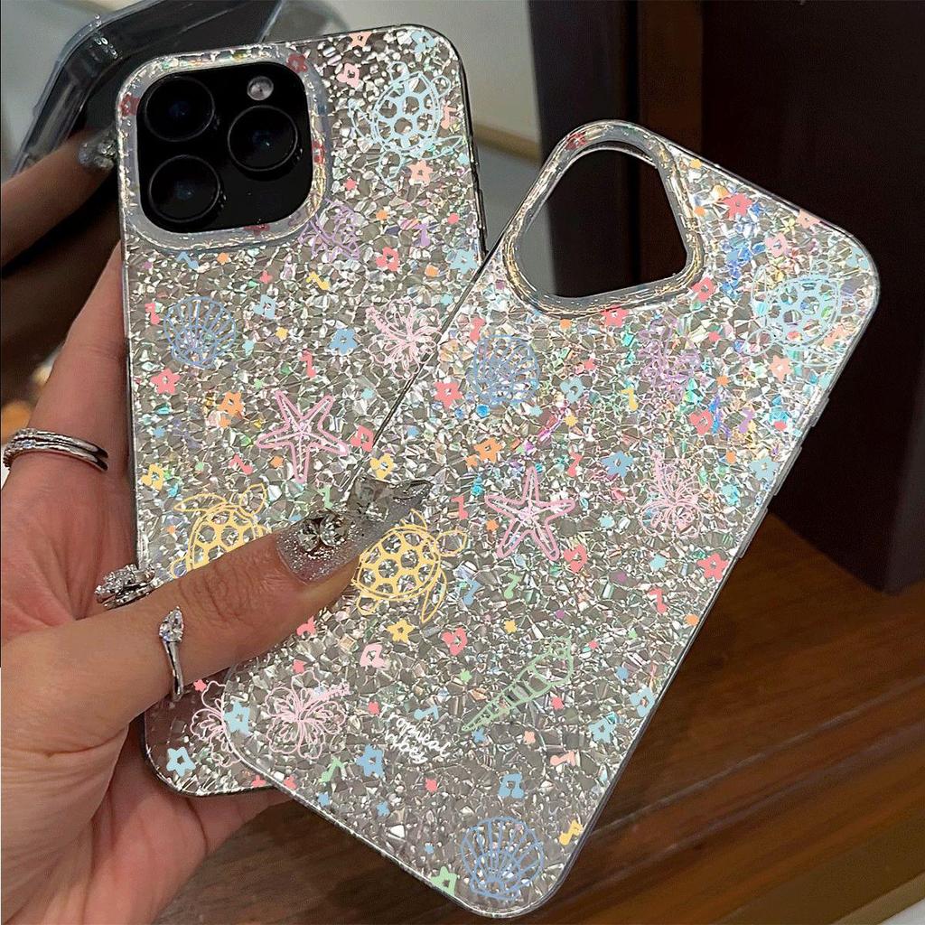 Phone Case for iphone 13 14 16 Plus XS Max 17 Pro Air 15 12 18 Pro Max XR 11 Marine small animals Silver Cracked Texture Shockproof Cover