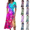 Ladies Casual Fashion Gradient Print V-Neck Short Sleeve Waist Long Swing Dress