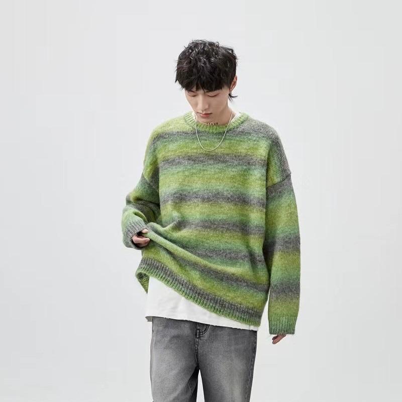 Winter New Men's Wool Sweater Long-sleeved Lazy Wind Loose Sweater Men's Gradual Change Striped Crew Neck Knitted Sweater