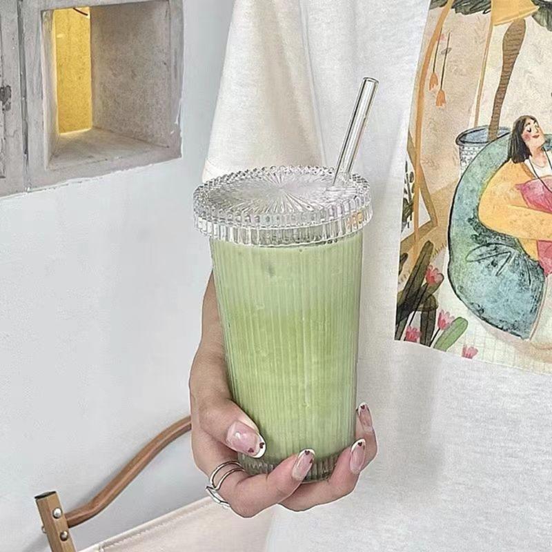 Кружки для кофе Молочная чашка Стеклянная кружка в полоску со straw Питьевая кружка Стакан для сока Стеклянный материал для любого случая