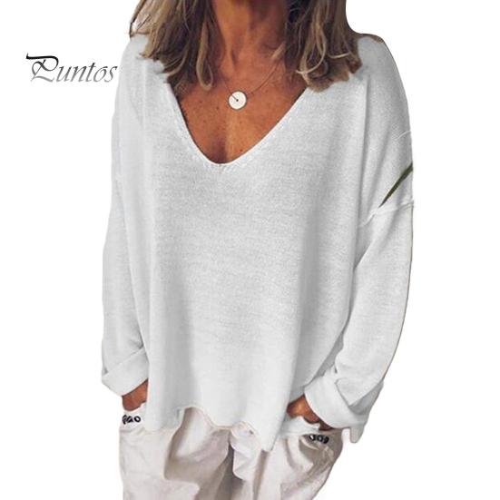 Women T-shirt V-Neck Long Sleeve Loose Fit Tee Shirt Solid Color Breathable Casual Pullover Tops Daily Wear