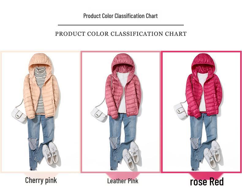 2023 Women's Lightweight Hooded Down Jacket - Slim Fit, Plus Sizes, Autumn/Winter, White Duck Down.