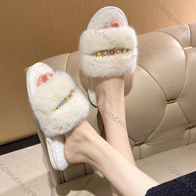 Comemore Plush Slippers Women Soft Black Faux Fur House Cotton Slides Woman Indoor Casual Flat Heel Fur Slippers Women Shoes