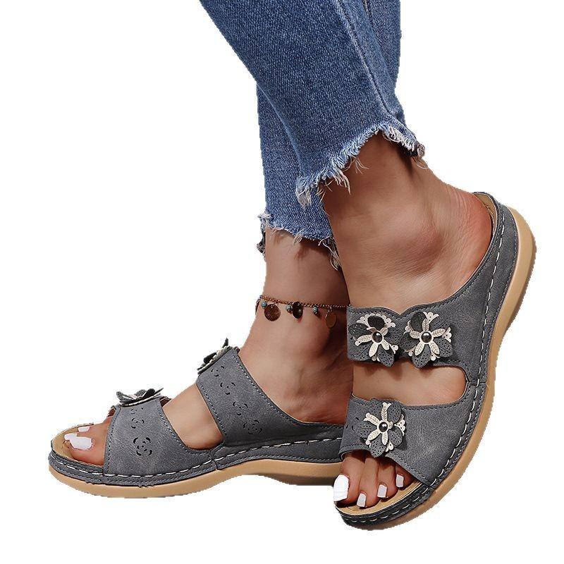 2025 summer new foreign trade platform slippers sewing line round head flower decoration casual slippers women's shoes platform