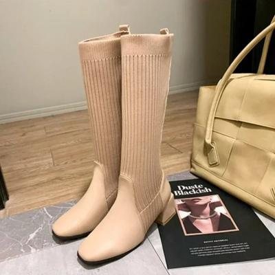 Женские сапоги-чулки выше колена 2024 года, новые модные трикотажные эластичные сапоги из искусственной кожи с шитьем, женские сапоги с квадратным носком и высоким каблуком 34-40
