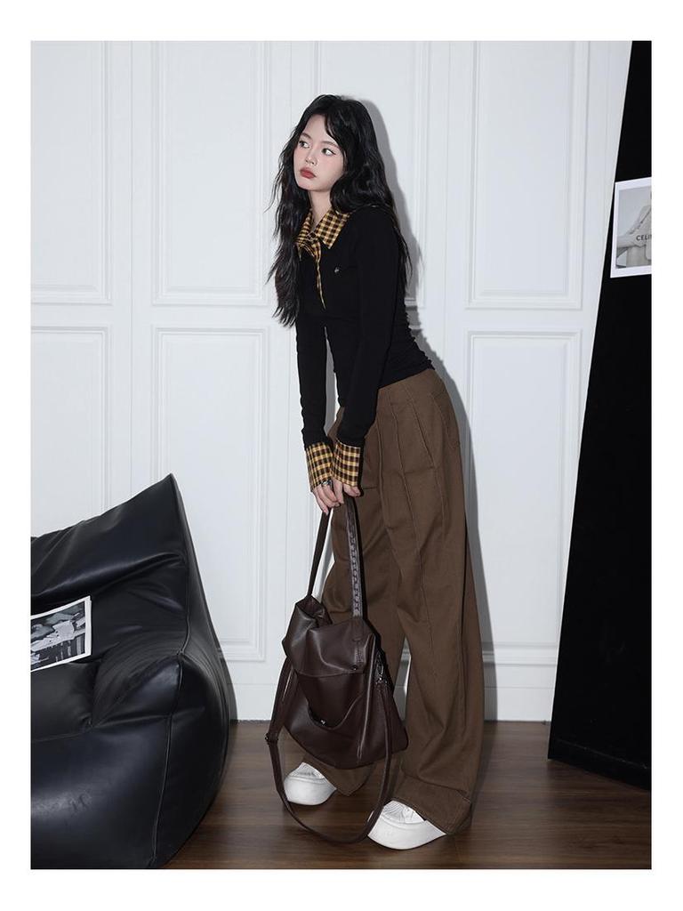 Женский осенний приталенный топ в клетку, имитация двойки, с длинным рукавом и воротником поло