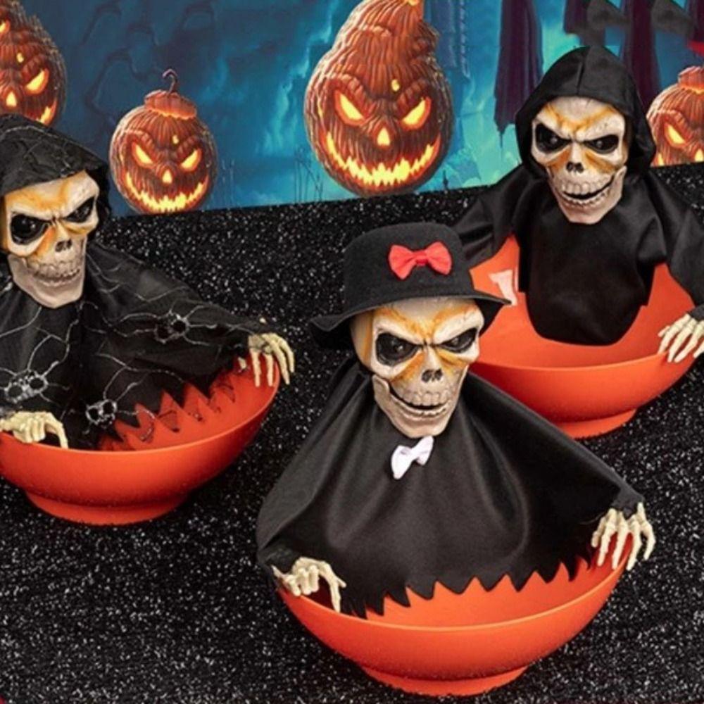 Electric Skeleton Halloween Candy Bowl Glowing Plastic Fruit Bowl Battery Powered Halloween Ghost Ornament Gift