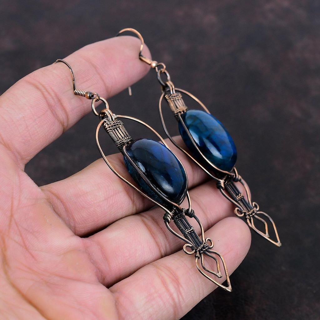 Серьги из синего огненного лабрадорита, серьги из медной проволоки с драгоценными камнями, ювелирные изделия из меди ручной работы, уникальные серьги в подарок для матери, ювелирные изделия из проволоки