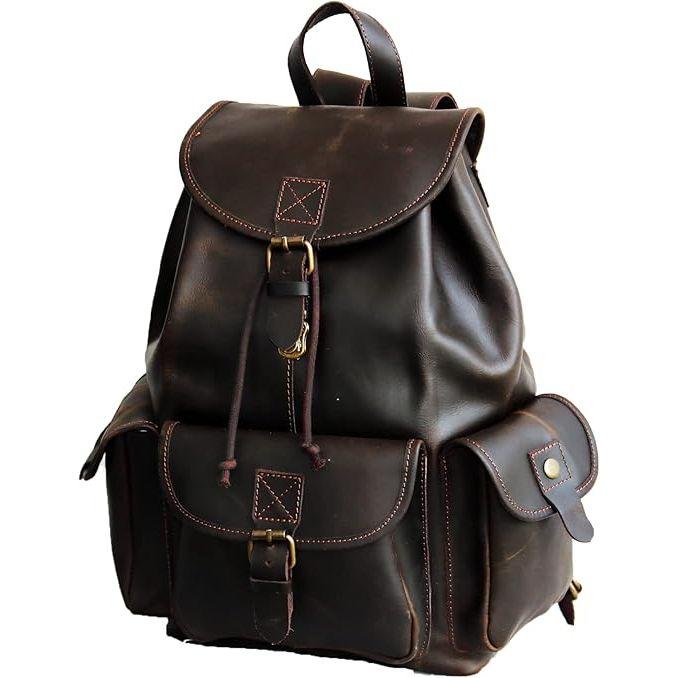 New 16" Brown Leather Backpack Vintage Rucksack Laptop Bag Water Resistant Casual Daypack College Bookbag