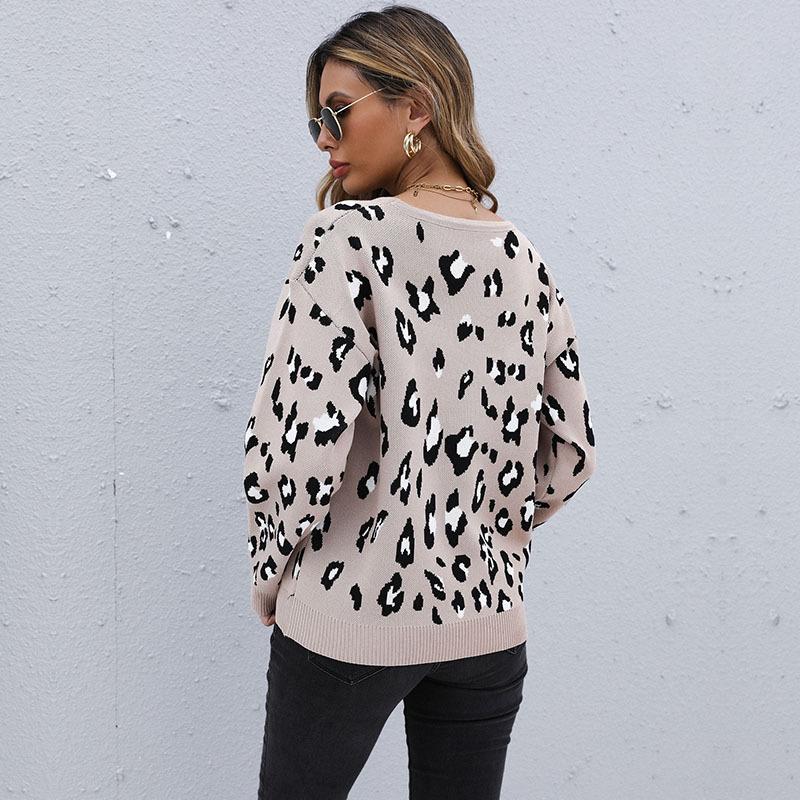 Vintage Fashion Elegant Casual Autumn and Winter Women's Loose Leopard Print Long-sleeved Sweater Women