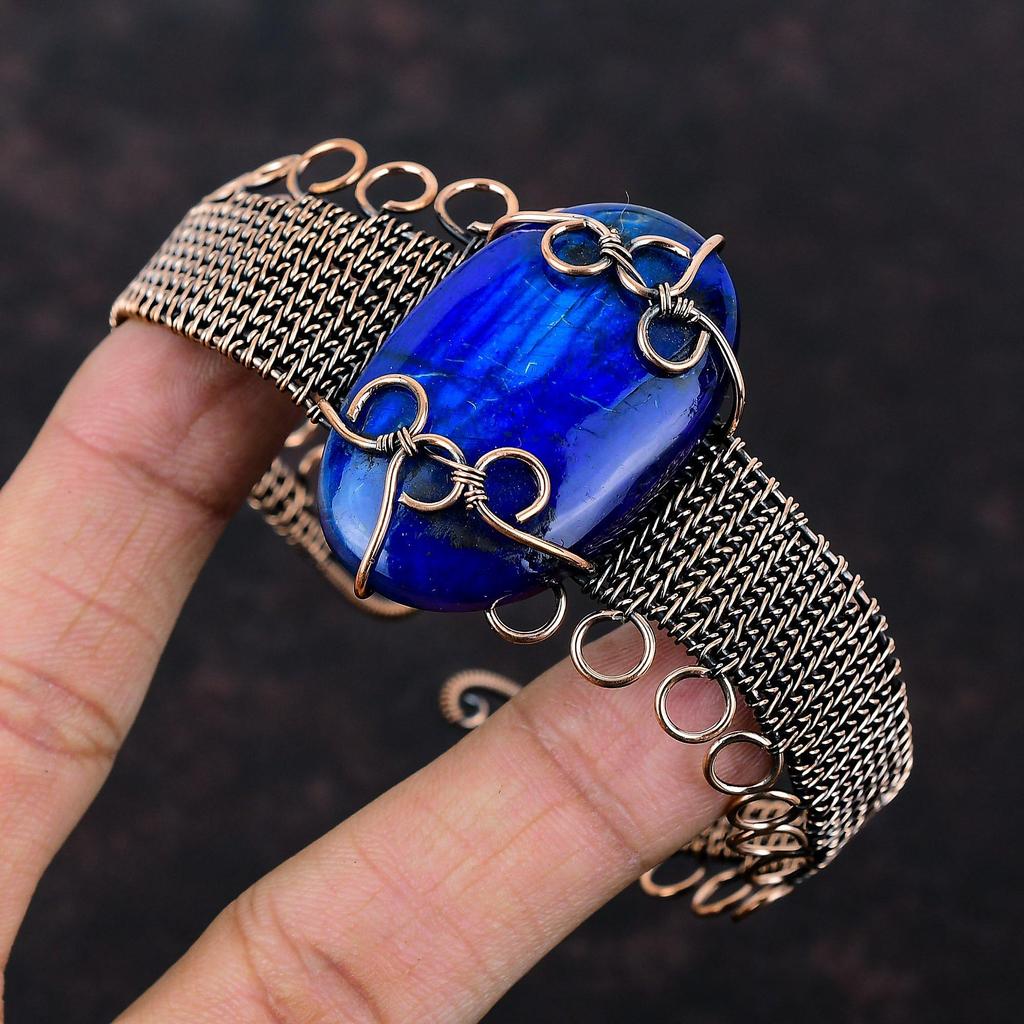 Синий огненный лабрадорит браслет из медной проволоки, браслет-манжета, регулируемый браслет из медной проволоки, ювелирные изделия в подарок для женщин, драгоценный камень, браслет ручной работы