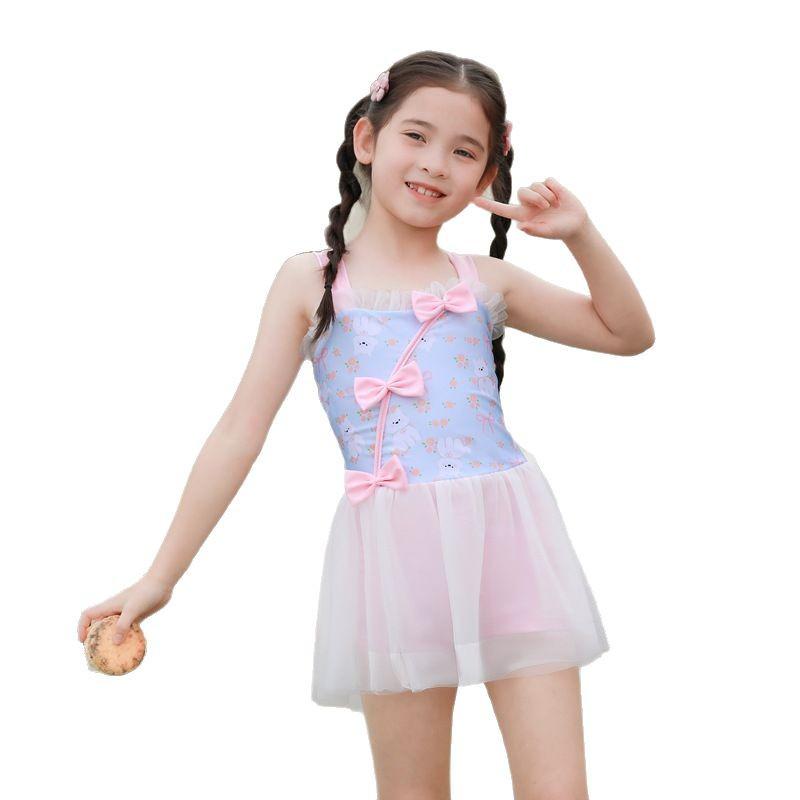 Korean Style Girls' Floral Strappy One-Piece Swimsuit with Bowknot and Gauze Skirt