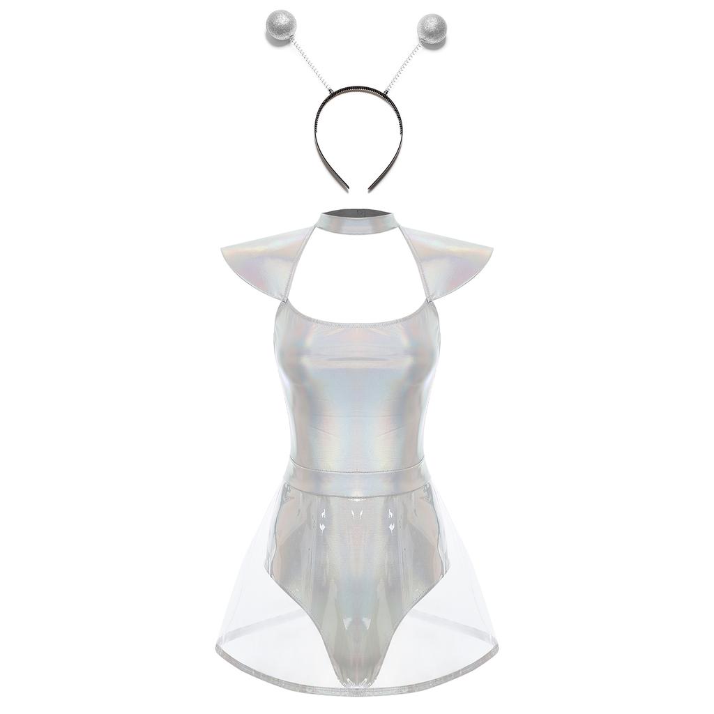 Womens Space Alien Cosplay Costume Fly Sleeve Cutout Briefs Bottom One Piece Bodysuit with PVC Skirt Hair Hoop Headband
