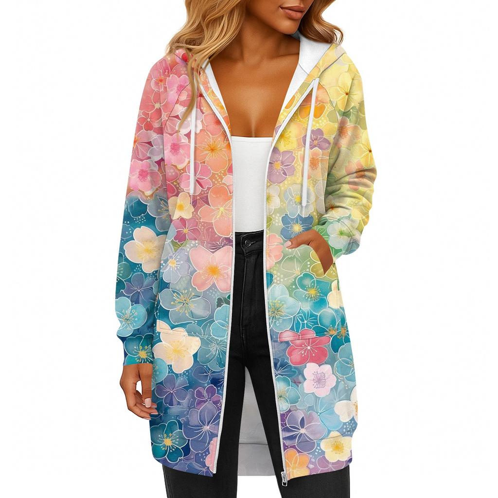 Women's Fashionable Printed Long Sleeved Drawstring Hooded Zipper Pocket Long Casual Sweatshirt Jacket