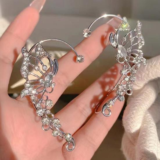 1 пара женских выпускных сережек-каффов, не прокалываемых, серьги-клипсы в форме крыльев бабочки со стразами, противоскользящие, легкие, для невесты, для свадебной вечеринки, коктейля