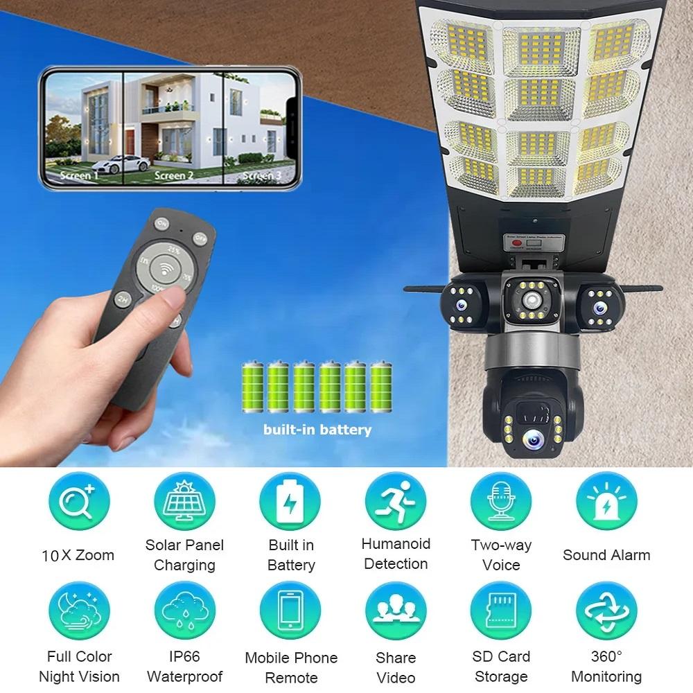 Solar 4G Street Light Camera, 10X Zoom, 3-Lens Recording, Humanoid Tracking, Outdoor Camera Lamp, Remote Control, Waterproof Design