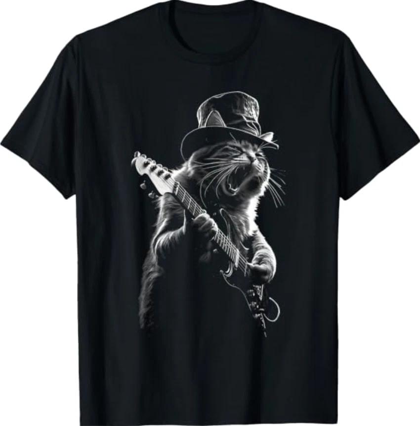Rock Star Cat Playing Guitar Graphic Black T-Shirt