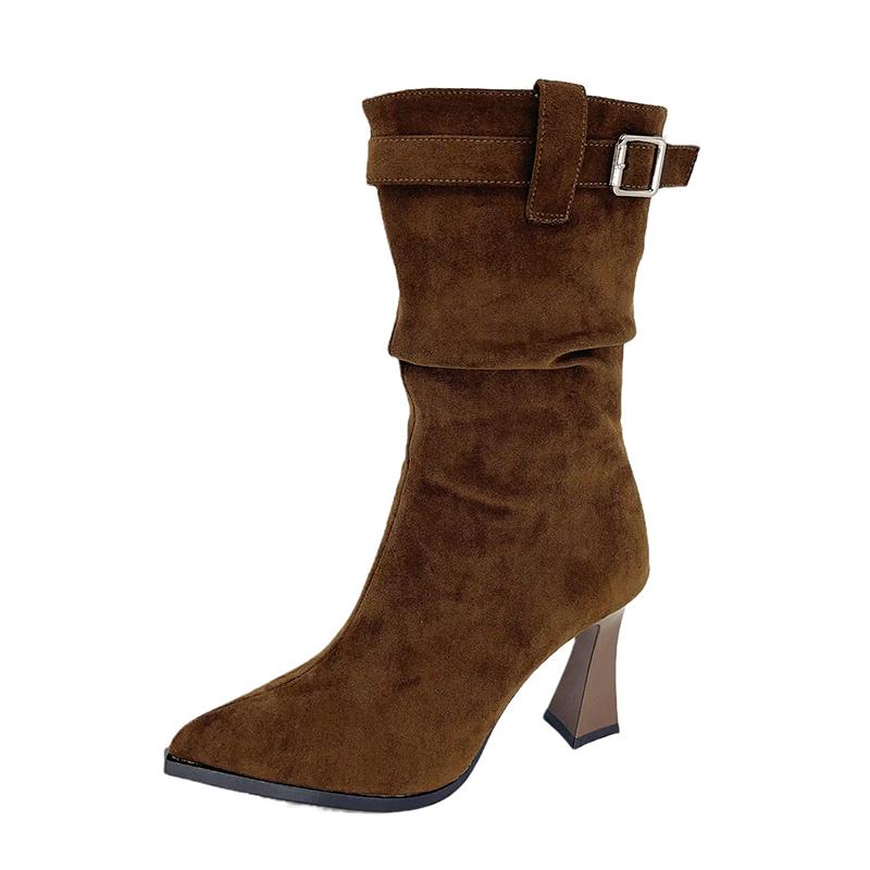 fashion Vintage Women Mid Calf Boots Fashion Pointed Toe Modern Booties Autumn Winter Thick Heel Ladies Shoes Botas Mujer