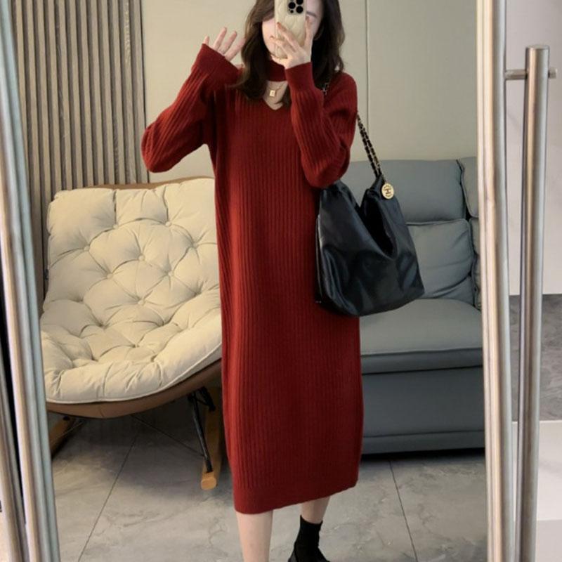 Высококачественное одинаковое пальто, вязаное длинное платье-свитер, женское осенне-зимнее свободное однотонное платье-свитер с v-образным вырезом, нишевое платье, пуловер, женский