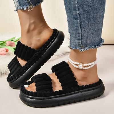 Модные женские тапочки Весна Осень Домашние хлопковые тапочки Открытые комнатные шлепанцы с открытым носком Женские Новые с искусственным кроличьим мехом внутри Плоская обувь